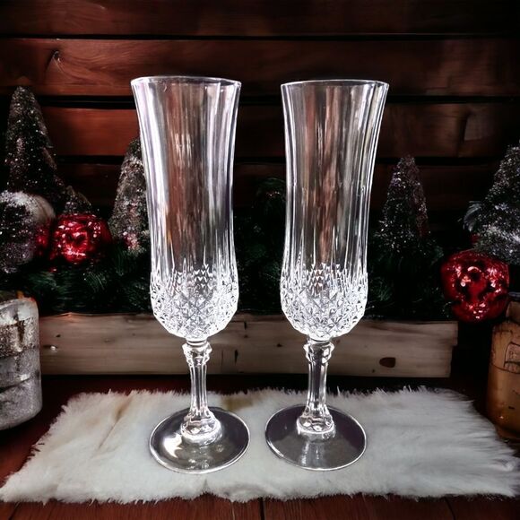 Cristal D Arques Longchamp Champagne Flutes Pair Diamax Crystal Clear France - Picture 13 of 16